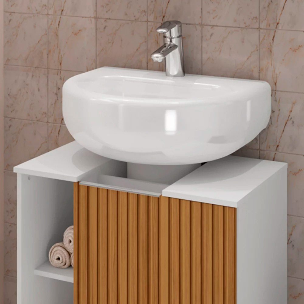 Gabinete para Banheiro 55cm 1 Porta com Rodízios Pequin Branco/ripado - Bechara - 3