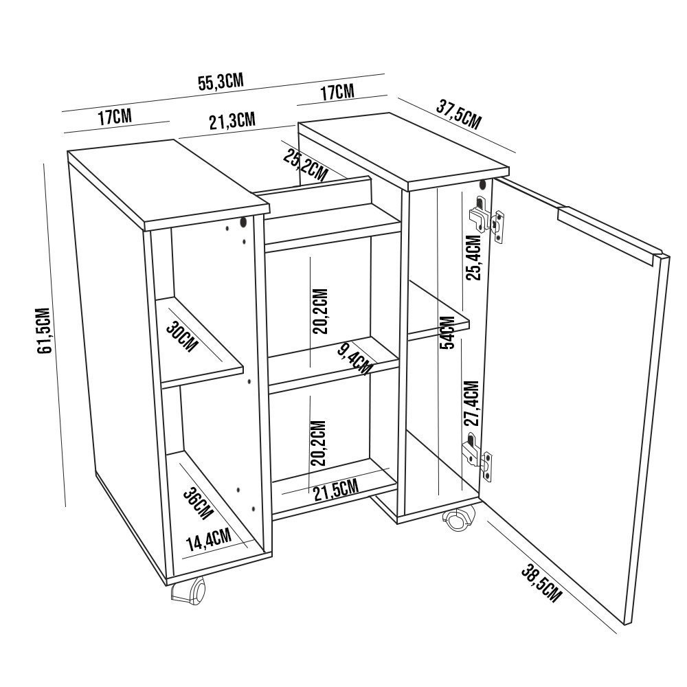 Gabinete para Banheiro 55cm 1 Porta com Rodízios Pequin Branco/ripado - Bechara - 6