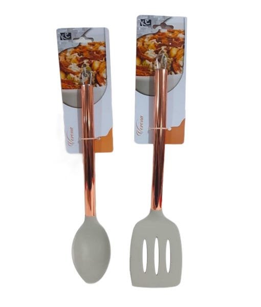 Kit De Colher + Espátula Silicone Cabo Rosé Gold - Envio Já:Cinza - 1