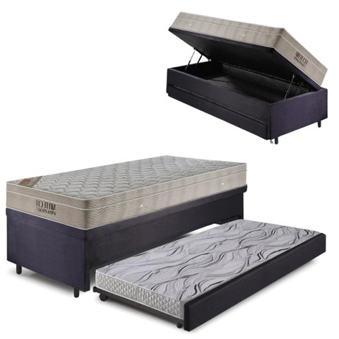 Bicama Box Baú 88x188 Suede Preto com Colchão Airtech Ortobom