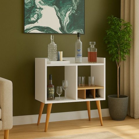 Aparador Moderno C/ Adega P/ Vinhos, Porta Taças e Mini Bar:branco