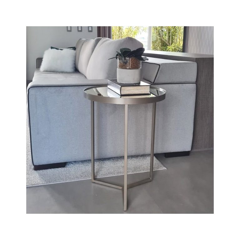 Mesa Lateral com Espelho - Mesinha de Apoio 60 x 45 cm Champagne