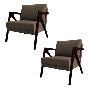 Kit 2 Poltronas Mona Monique Luxo Base Madeira Maciça Castanho Linho Marrom
