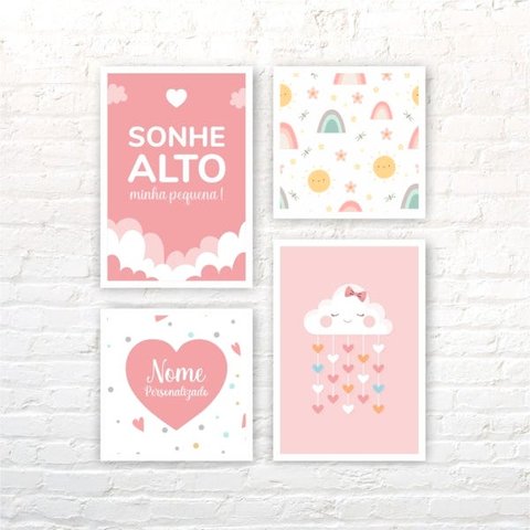 Kit 4 Quadros Moldura Branca Infantil Rosa 40x30cm e 30x30cm