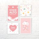 Ver imagem 1 de Kit 4 Quadros Moldura Branca Infantil Rosa 20x30cm e 20x20cm
