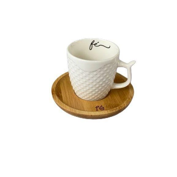 Xícara de Café em Porcelana com Pires de Bambu 70Ml Estampado Fé