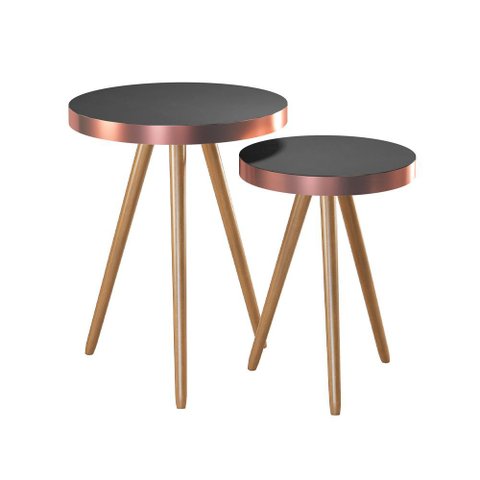 Kit 2 Mesa Lateral Lisa Mdf Preto | Aço Cobre - Sallar Home