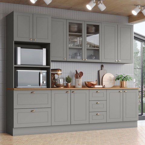 Cozinha Completa Americana 11 Portas 5 Gavetas com Vidro 100% Mdf Cinza/nature - Henn