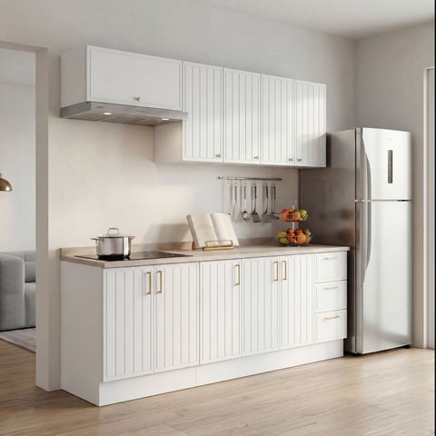 Cozinha Modulada 6 Peças 3 Aéreos 3 Balcões com Tampo Marselha CabeCasa MadeiraOriginals Branco