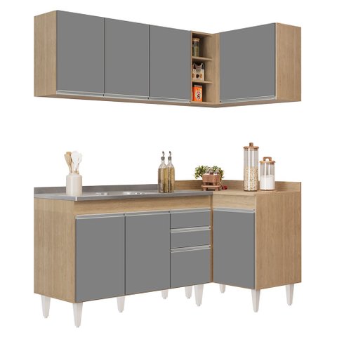 Armário de Cozinha Modulado de Canto Esquerdo 4 Peças Cp48 com Pia Inox Castanho/cinza - Lumil Lumil