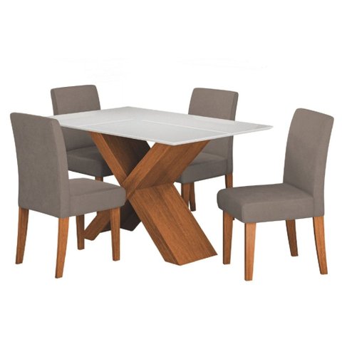 Conjunto de Mesa Sala de Jantar Tampo com Vidro 1,36m Grécia 4 Cadeiras Trieste Dobuê