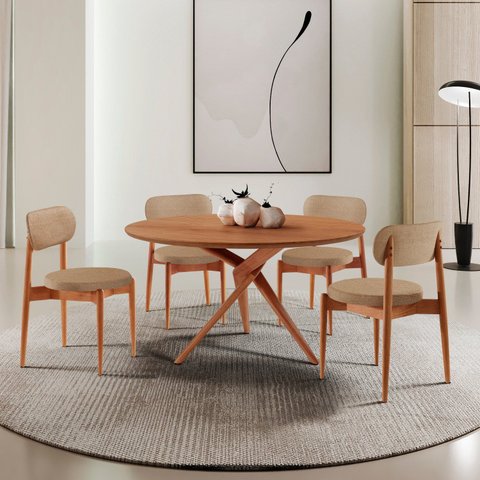 Conjunto Sala de Jantar Mesa Hope Tampo 120cm Redondo Laminado e 4 Cadeiras Hope Soft Marrom/Palha/I