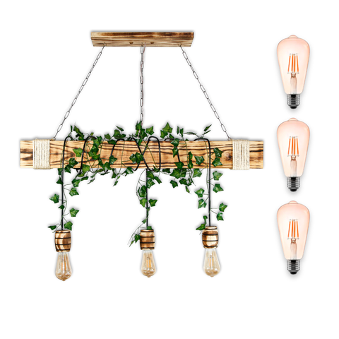 Luminária Rústica de Madeira Maciça 95cm com 3 Pendentes Barril + Plantas + Lâmpadas