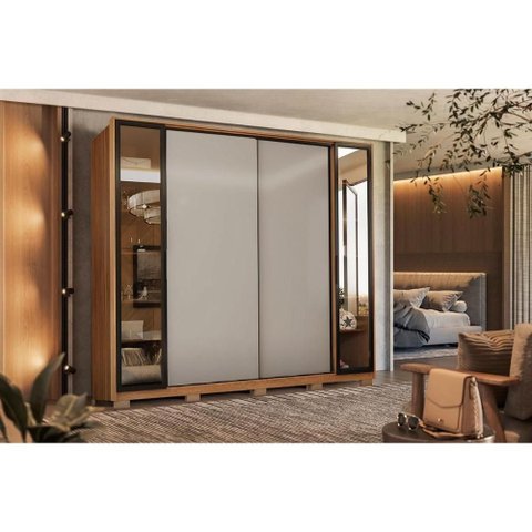 Guarda Roupa 4 Portas de Correr e 4 Gavetas C/ 2 Vidros Reflecta e Pés Laredo Flex Amêndola/amê