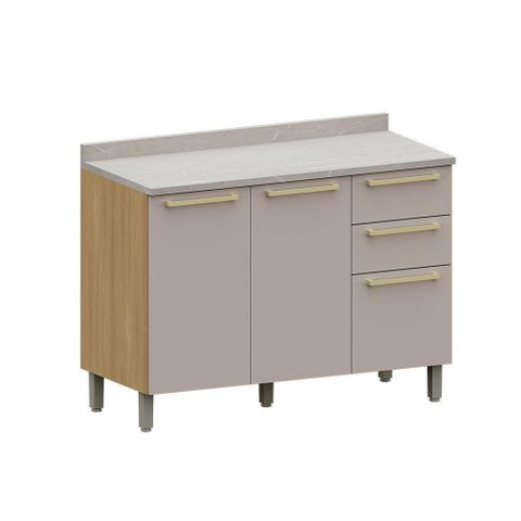 Balcão de Cozinha Pia 120cm 2 Pts e 3 Gav C/ Tampo Elegance Freijó/cinammon/quartzo Bege