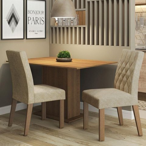 Conjunto Sala de Jantar Mesa Tampo de Madeira 2 Cadeiras Ru