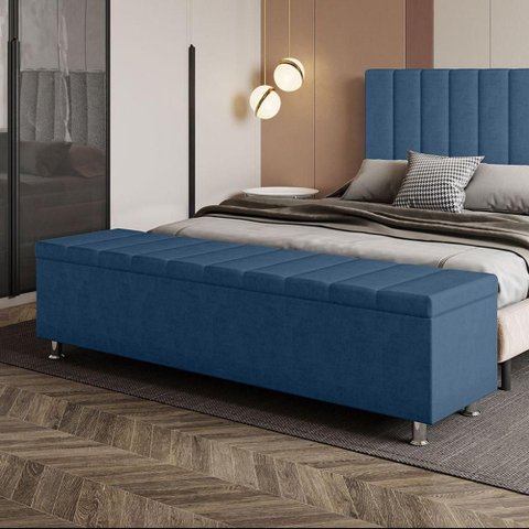 Calçadeira Baú Recamier Estofado Queen 160 Cm Ônix Veludo Azul Marinho