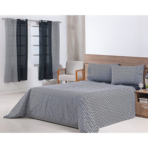 Jogo Lençol 4 Peças Cama Viúva 1,88mx1,28mx30cm 100% Algodão 180 Fios Chevron Preto