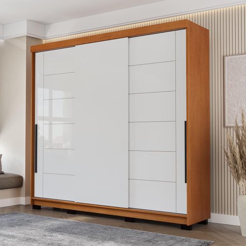 Roupeiro Lisboa 3 Portas de Correr 4 Gavetas 217x213cm Freijó/Branco 240846