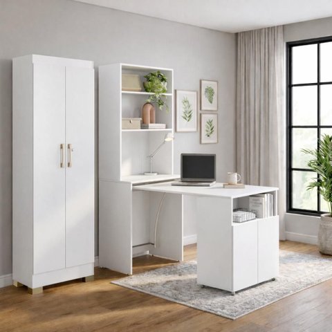 Kit Escritório Armário Escrivaninha Retratil Duo com Multiuso Luna - Branco
