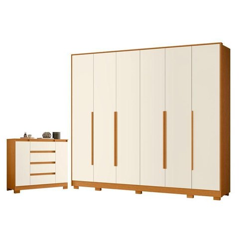 Guarda Roupa Casal Mercure 6 Portas e Cômoda Sapateira Atena 04 Gavetas e 02 Portas Cinamomo Off