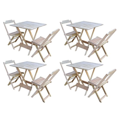 Kit 4 Jogos de Mesa Dobrável com 2 Cadeiras de Madeira 70x70 - Sem Pintura