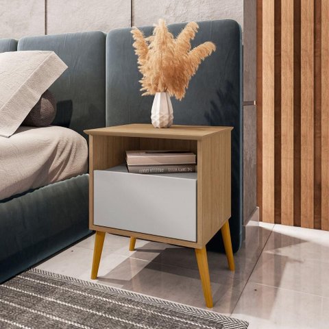 Mesa de Cabeceira Estela 1 Gaveta MDF MDP Retrô Cinamomo Off White Bechara Móveis