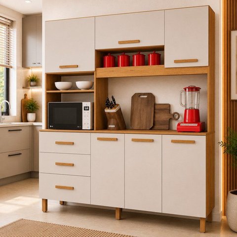 Armário de Cozinha 6 Portas e 3 Gavetas 100% MDF Caribe Yescasa Bege/Cinamomo/Off White