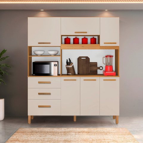 Armário de Cozinha 6 Portas e 3 Gavetas 100% MDF Caribe Yescasa Bege/Cinamomo/Off White