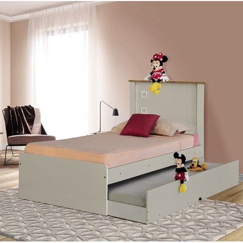 Cama Solteiro Barcelona Off White e Madeira com Cama Auxiliar - Tebarrot
