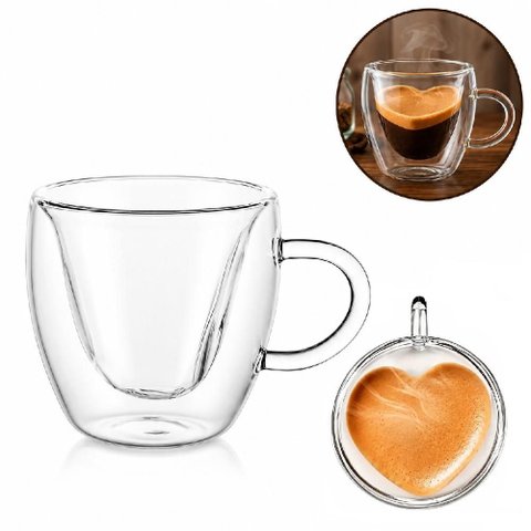 Xicara Coracao Vidro Duplo 260ml Grande Cafe Cha Coracao Caneca com Alca Romantica Copo Capuccino Vi
