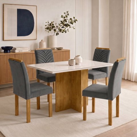 Conjunto Sala de Jantar 4 Lugares Retangular Tampo Vidro MDF 120x80cm Mesa e Cadeiras Carol