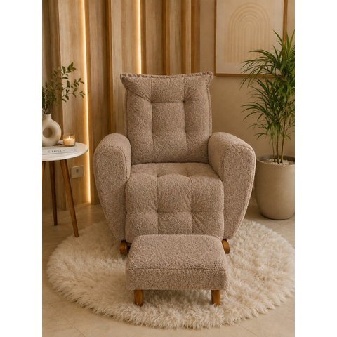 Poltrona de Amamentação Balanço com Puff Jade em Boucle Conforto Elegância e Aconchego Cacau