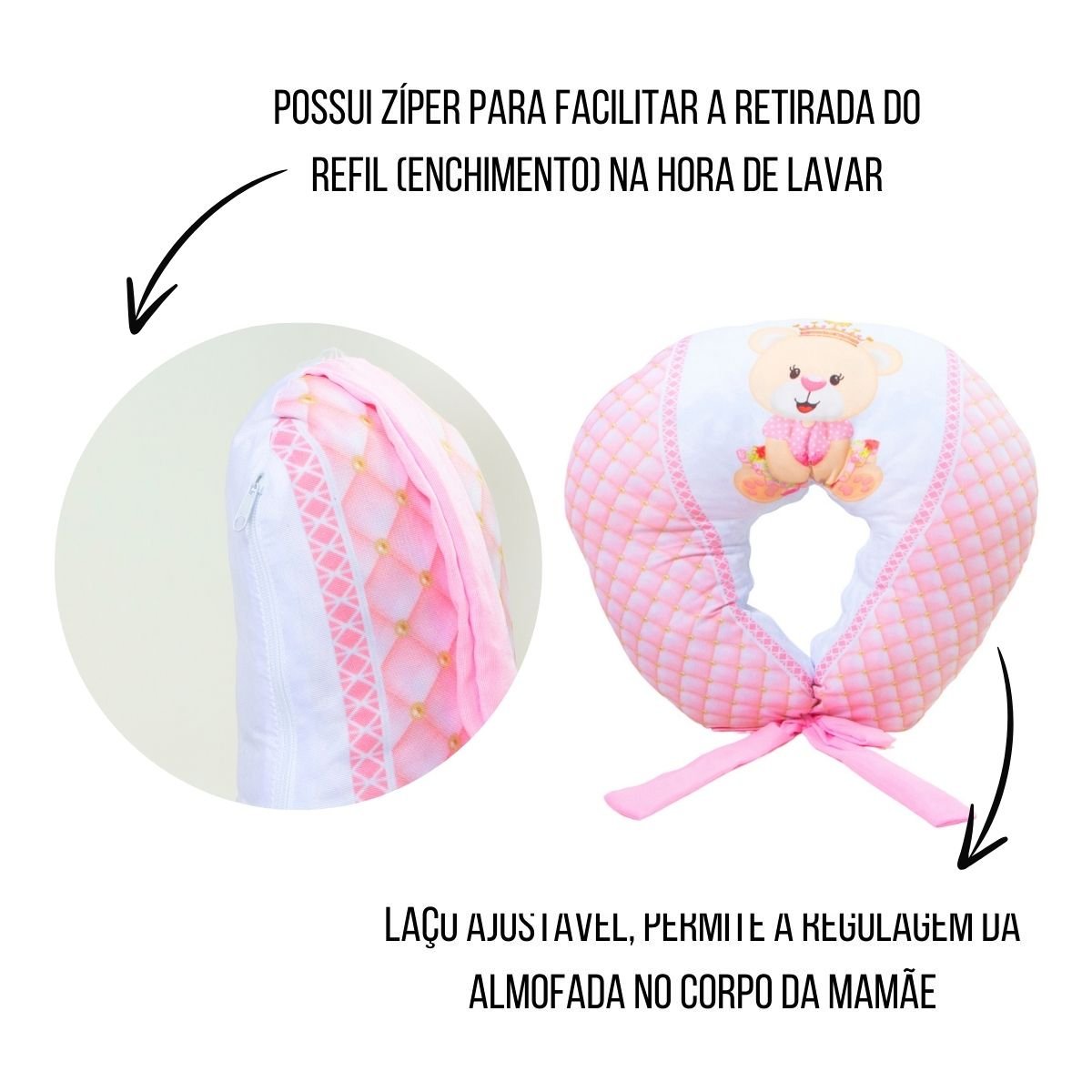 Almofada Amamentação Estampada Bebê Menina com Enchimento e Zíper - Ursinha Pérola - 7