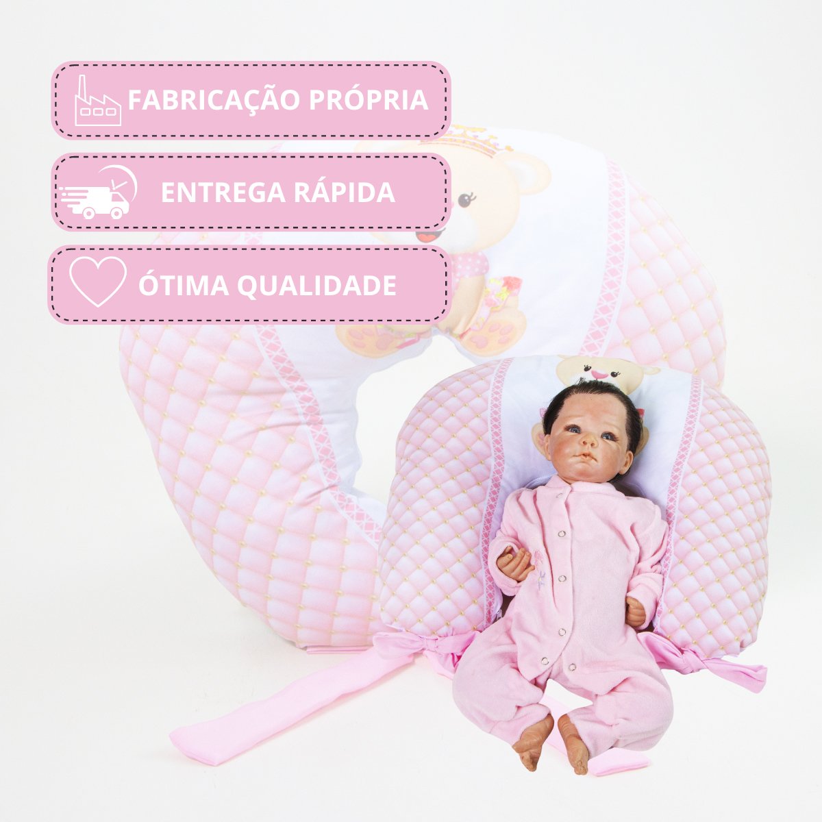 Almofada Amamentação Estampada Bebê Menina com Enchimento e Zíper - Ursinha Pérola - 5