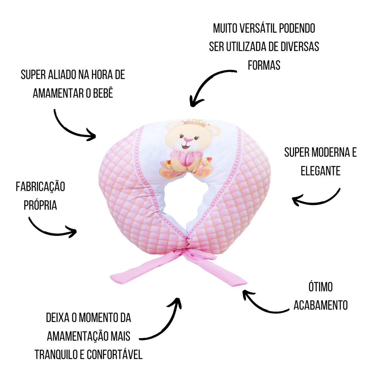 Almofada Amamentação Estampada Bebê Menina com Enchimento e Zíper - Ursinha Pérola - 3