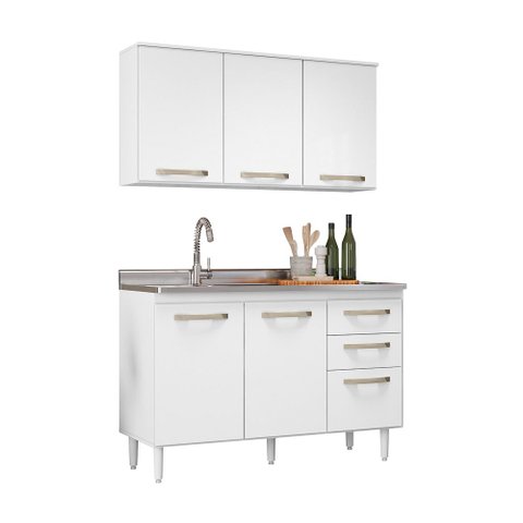 Armário Aéreo Manu 120 + Balcão P/ Pia Aline118 Cm sem Tampo Branco