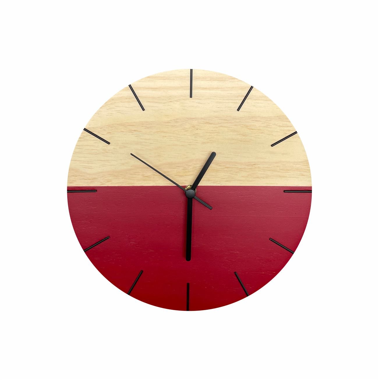 Relógio de Parede em Madeira Minimalista Vermelho Com Detalhes em Preto 28cm