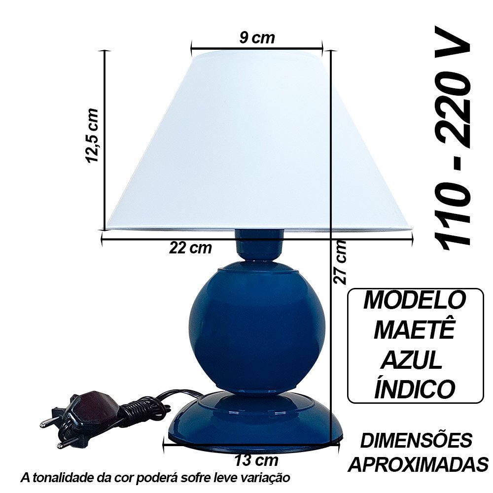 Abajur Moderno Decoração Quarto Sala Luminária Maetê Azul Indico Cúpula Branca - 3