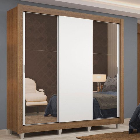 Guarda-roupa Casal Madesa Lyon 3 Portas de Correr com Espelhos 2 Gavetas com Pés