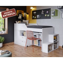 Cama solteiro Aila Branca multifuncional com escrivaninha embutida - 100% MDF - 2