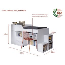 Cama solteiro Aila Branca multifuncional com escrivaninha embutida - 100% MDF - 3