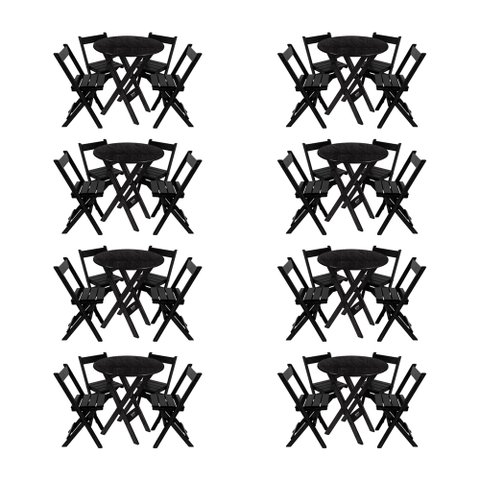 Kit 8 Conjuntos Mesa Redondo 70cm Dobrável com 4 Cadeiras em Madeira Maciça - Preto