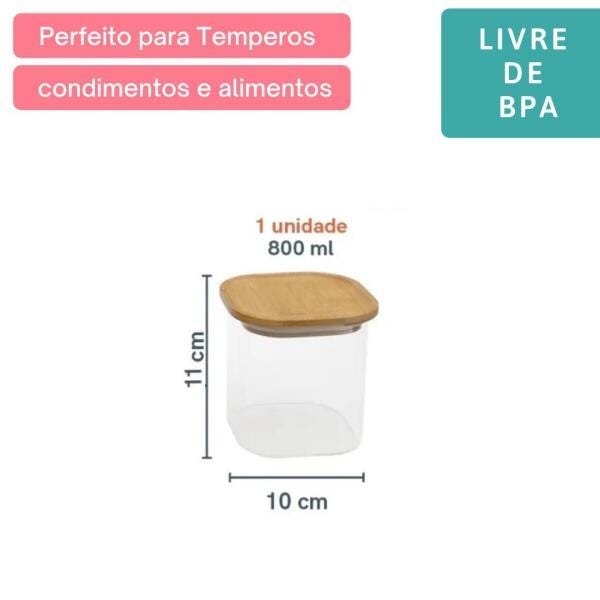 Kit 3 Potes de Vidro Quadrado 800Ml com Tampa Flat Bambu Oikos - 2