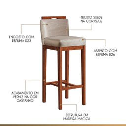 Banqueta Alta para Bancada de Cozinha 38x102 Cm Líbia Madeira Maciça Suede Bege CCS - 3