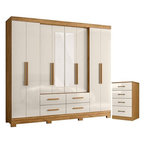 Guarda Roupa Casal San Lorenzo com Espelho e Cômoda Ms913 Freijó Off White – Moval