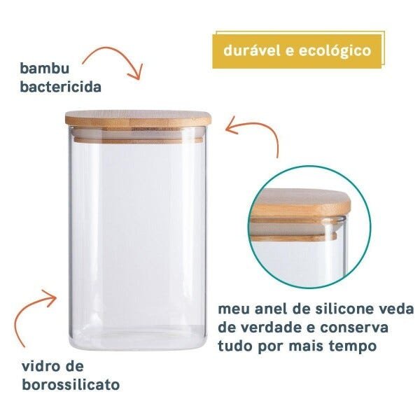 Kit 3 Pote de Vidro Quadrado 600/800/1100ml Tampa Flat Bambu - 3