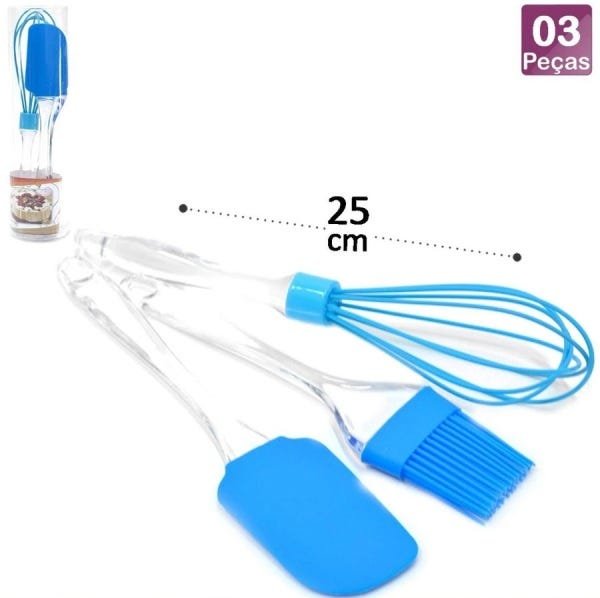 Kit 3 Utensílios Batedor, Pincel E Espátula Silicone E Pvc:Azul