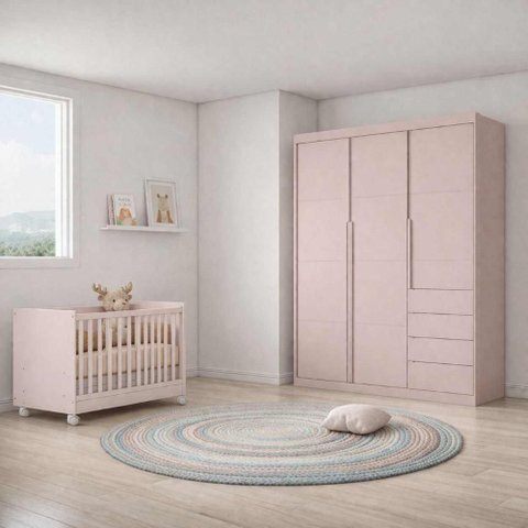 Quarto Completo com Guarda Roupa 3 Portas e 4 Gavetas + Berço Mini Cama Pérola Rosê - Phoenix