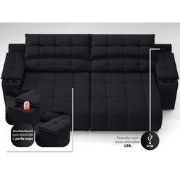 Sofá com Porta Copos Carregador USB Ret Rec Samurai 2,50m Velosuede Preto - NETSOFAS - 2